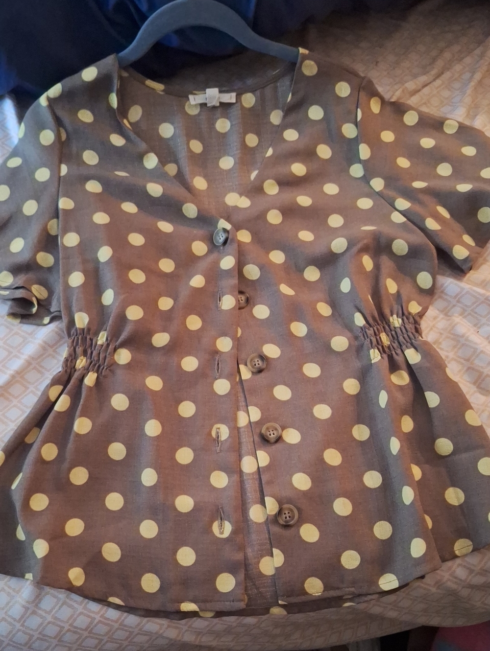 MINE - Polka Dot Button-Front Peplum Top in Yellow and Brown